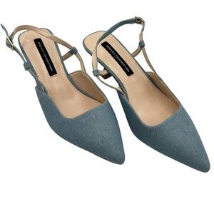 French Connection Denim Slingback Pointed Toe Kitten Heel Chic Classic Size 6‎
